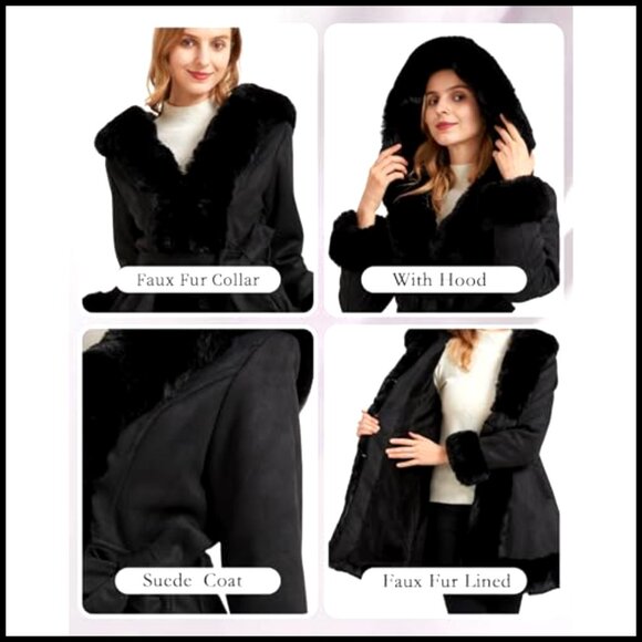 Faux Fur Collar Suede Jacket Belted Parka Coat Winter Outerwear Long Sleeve - Picture 4 of 6